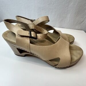 Dansko Tasha Cutout Sandals Women 38 7.5 Tan Leather Wooden Platform Wedge Heels